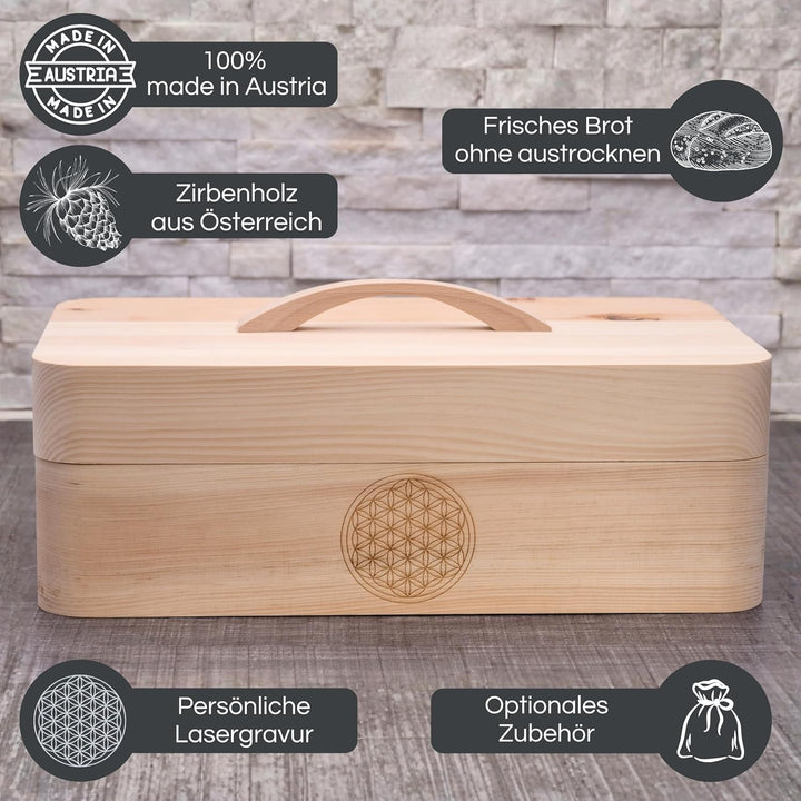 JOWE Zirbenbrotdose | Brotbehälter aus Zirbe | Brotaufbewahrungsbox aus Holz | Brotkasten aus Zirben