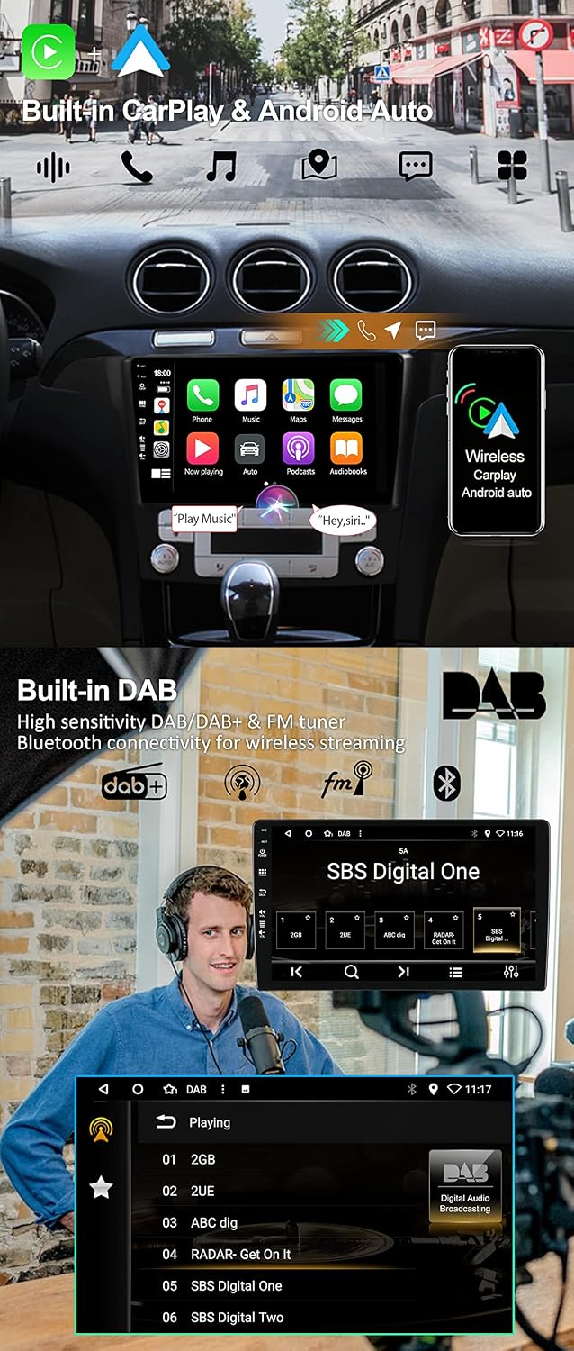 Android 15 IPS Autoradio - [Eingebaut DAB] - Passt für Ford S-Max (2007-2008) - Kabellos Carplay/And