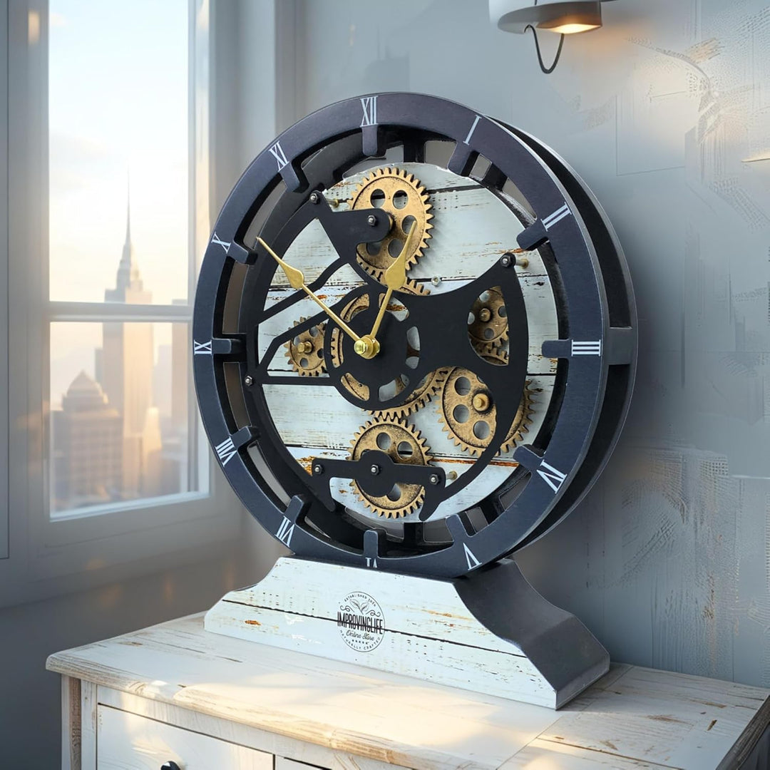 ImprovingLife The Gears Clock Schreibtischuhr, 25,4 cm, mit echten beweglichen Zahnrädern, umwandelb