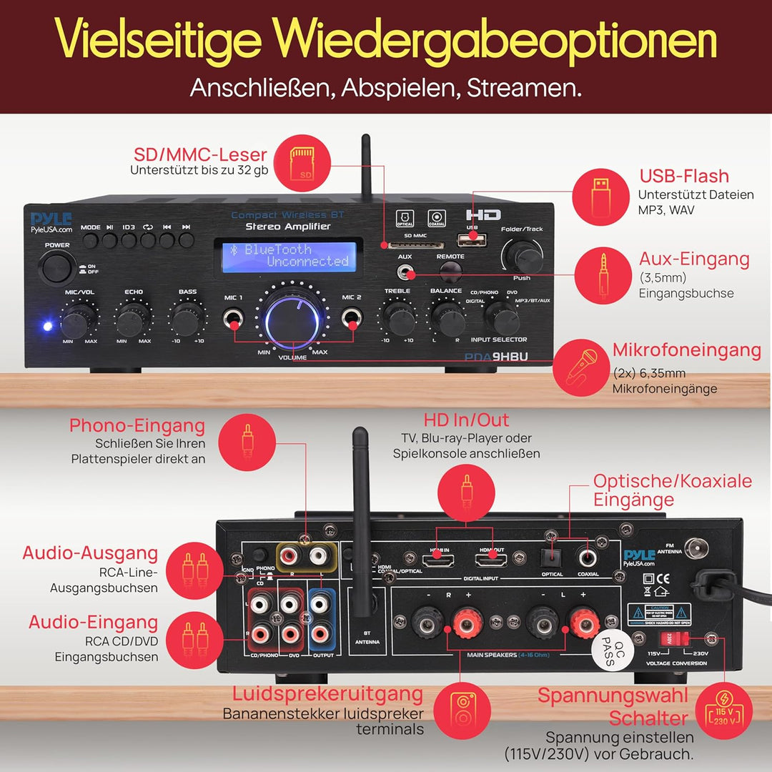 Pyle HiFi Verstärker, 200W Bluetooth Stereo Receiver mit HDMI, USB, UKW, AUX & Mic- Eingang, Mehrkan
