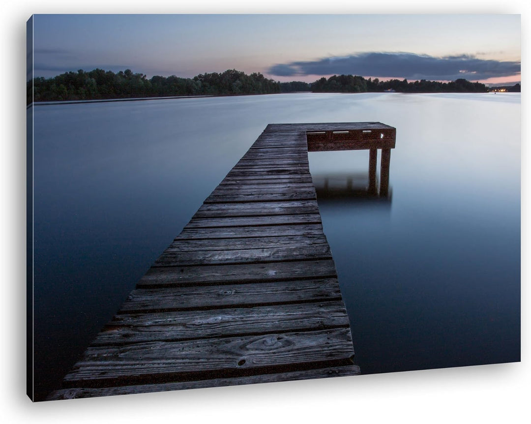 deyoli Bootssteg am ruhigem See Format: 100x70 als Leinwand, Motiv fertig gerahmt auf Echtholzrahmen