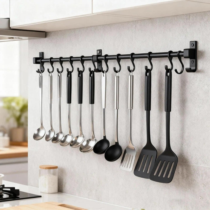 80 cm Stange für Küchenutensilien – Aluminium Hakenleiste mit 12 beweglichen Haken, Schwarz – Küchen