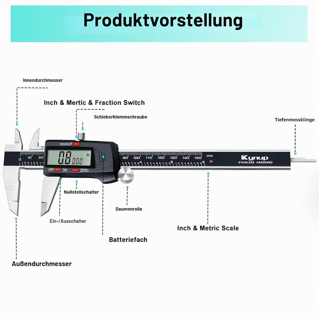 Kynup Messschieber Digital, 150mm / 6-Zoll Digitale Schieblehre Messgerät mit grossem LCD-Display fü