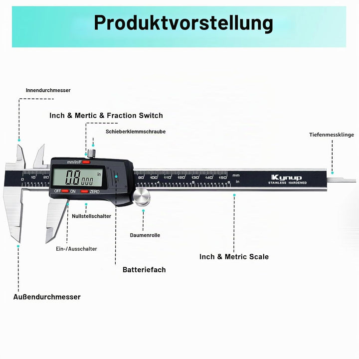 Kynup Messschieber Digital, 150mm / 6-Zoll Digitale Schieblehre Messgerät mit grossem LCD-Display fü