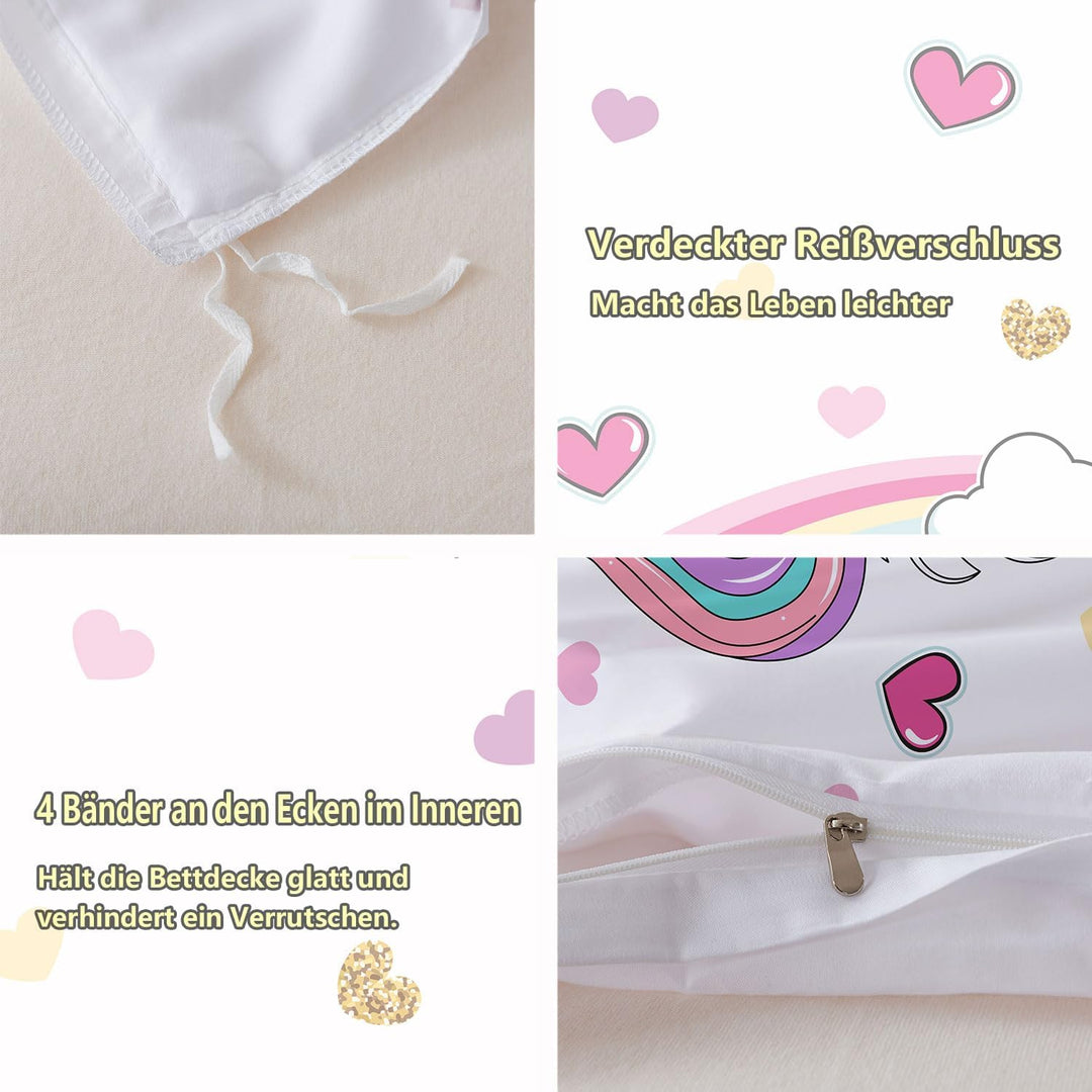 DJDEA Cartoon Bettwäsche 135 x 200 cm Kinder Weich Mikrofaser, Regenbogen Einhorn Motiv Bettwäsche-S