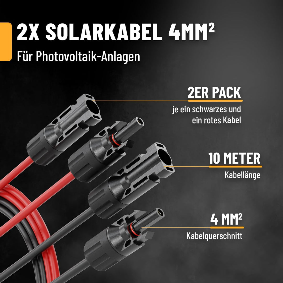 ABSINA 2x 10 Meter Solarkabel 4mm2 H1Z2Z2-K schwarz & rot - PV Kabel 4mm2 UV-beständig - Solarleitun