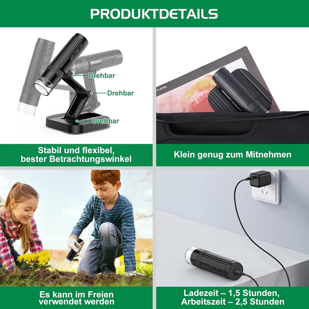 WADEO WiFi Digitalmikroskop, 1080P HD 50-1000X USB-Mikroskop, Mini-Mikroskop Handmikroskop mit 2 MEG