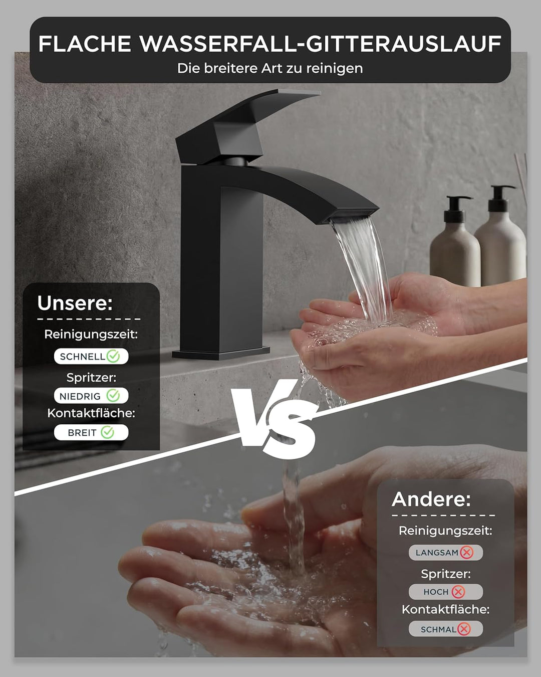 FORIOUS Wasserhahn Bad Schwarz, Wasserfall Waschtischarmatur mit Auslauf Höhe 100 mm, Mischbatterie