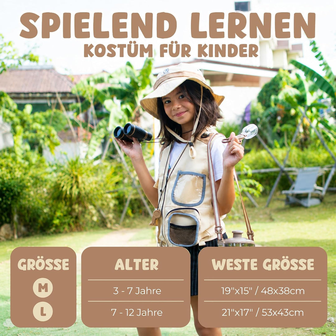 Entdecker-Set für Kinder mit Safariweste, Hut & Insektenfang-Set – Abenteuerführer & Schnitzeljagd –