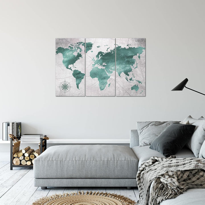 Runa Art Wandbilder Weltkarte Bild XXL Büro Wohnzimmer Grün Grau Vintage 120 x 80 cm 3 Teilig 026031