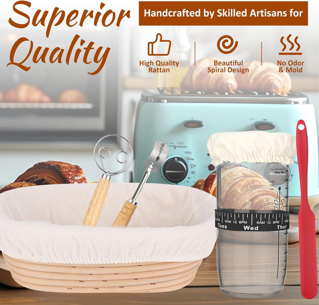 Gärkörbchen 10 Zoll, 7-teilig Sauerteig Brot Gärkorb Set, Sauerteig Starter Set Glas 700ml, 100% Nat