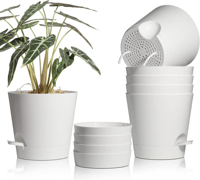 T4U Kunststoff Blumentopf mit Bewässerungssystem, 6er-Set Selbstbewässerung Übertopf mit Untersetzer