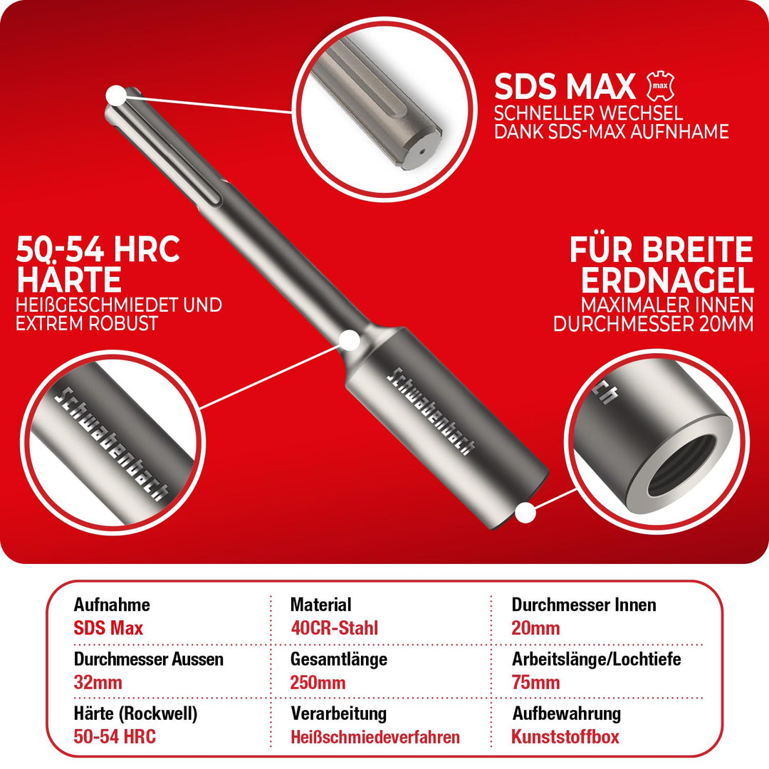 SCHWABENBACH ® SDS MAX Erdnageleintreiber zum Einstecken von Tiefenerder 250 x Ø 32 mm, Innen Ø 20 m