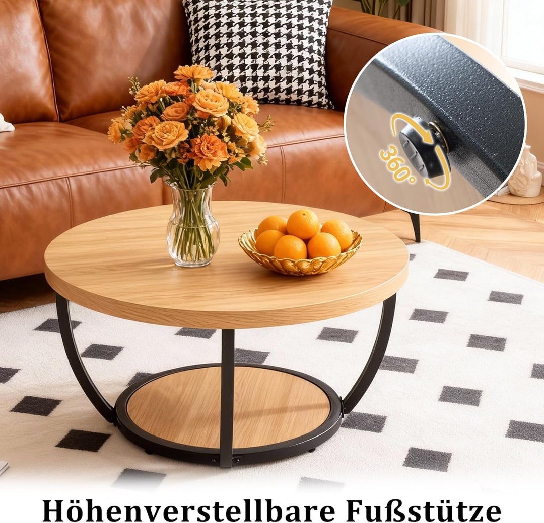 Mingone Couchtisch Rund, Industrial 2-Tier-Kreis Wohnzimmertisch mit Offenem Stauraum, Holz Coffee T
