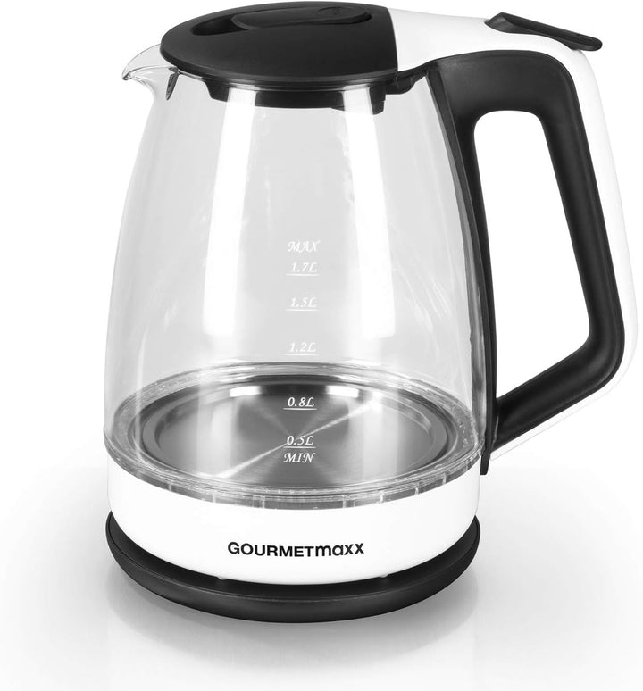 GOURMETmaxx Wasserkocher Glas 1,7 l Füllmenge | LED Beleuchtung | Edelstahl-Chrom-Optik | Elektrisch