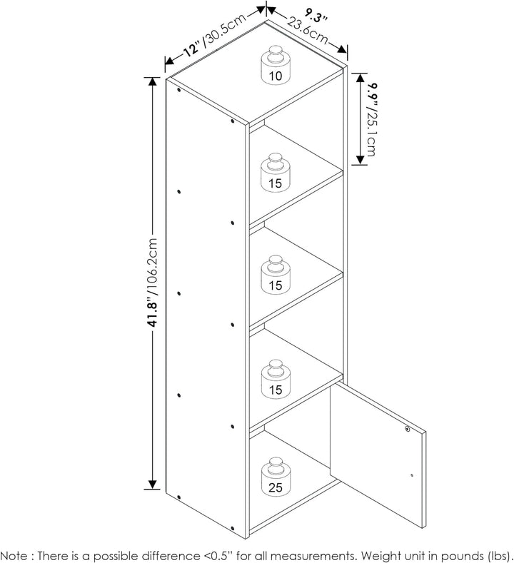 Furinno Luder Bücherregal mit 4 Ablagen und 1 Tür, weiss, 4-Tier Weiss 4-Tier with 1 Door, Weiss 4-T