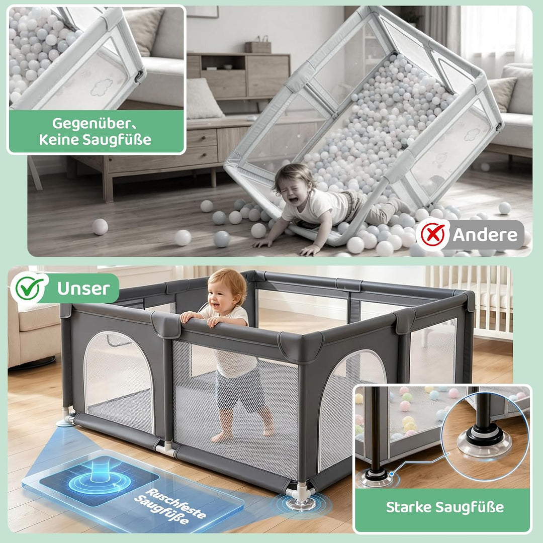 Laufstall Baby Robustes Laufgitter Playpen,Baby Gitter mit 4 Reissverschlusstür &amp; Starker Saugnapf |