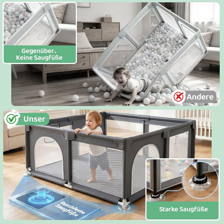 Laufstall Baby Robustes Laufgitter Playpen,Baby Gitter mit 4 Reissverschlusstür &amp; Starker Saugnapf |