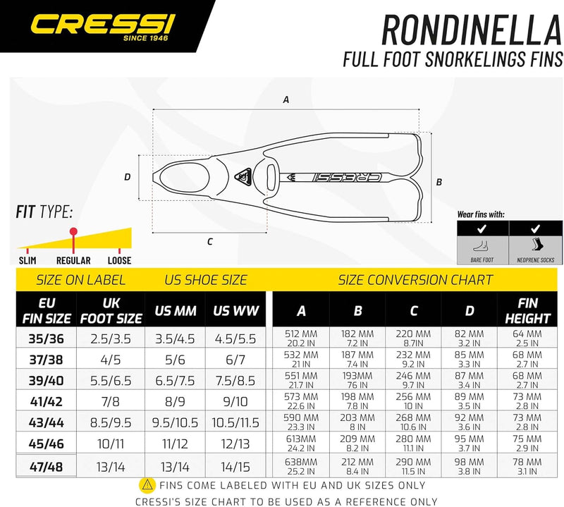 Cressi Rondinella Full Foot Snorkeling/Free Diving Fins (Made in Italy) 35/36 Gelb, 35/36 Gelb