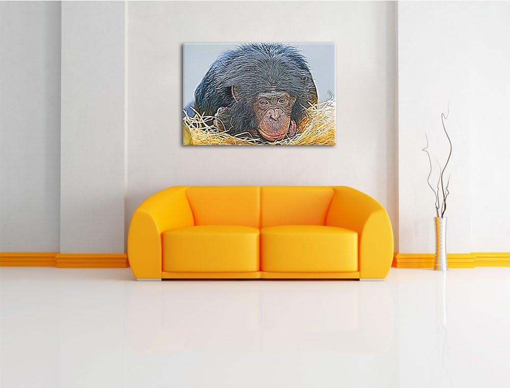 kleiner Schimpanse im Heu Deluxe Format: 100x70 cm auf Leinwand, XXL riesige Bilder fertig gerahmt m