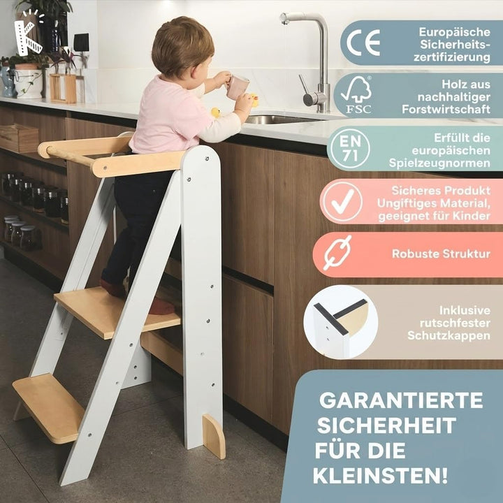 Lernturm ab 1 Jahr Klappbar, Lernturm Klappbar mit 2 Höhen, Abnehmbarer Tafel, nordisches Design, Ki