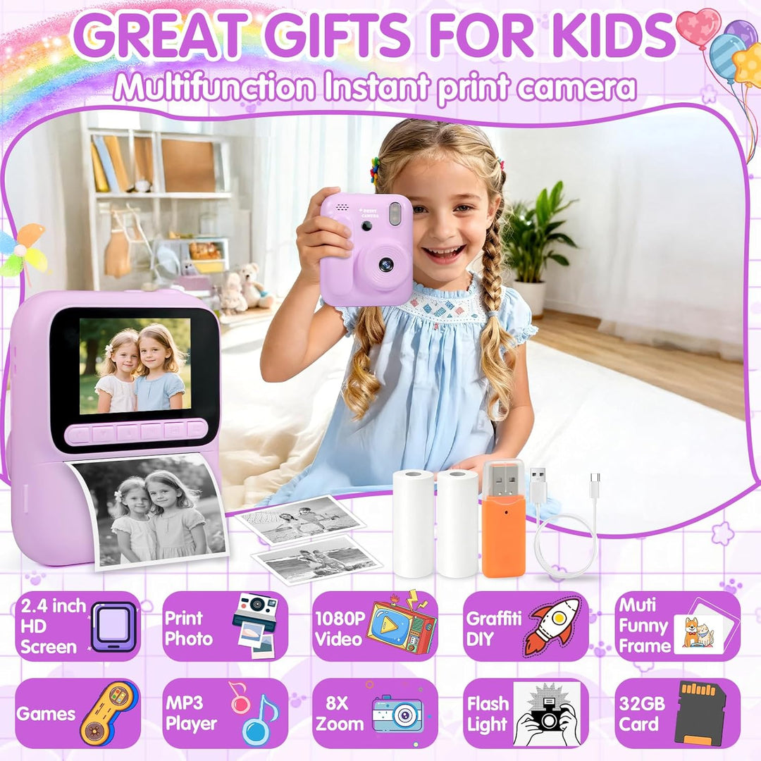 Sofortbildkamera Kinder, 2.4 Zoll Bildschirm Kinderkamera Sofortbildkamera mit 32GB Karte & 5 Rollen