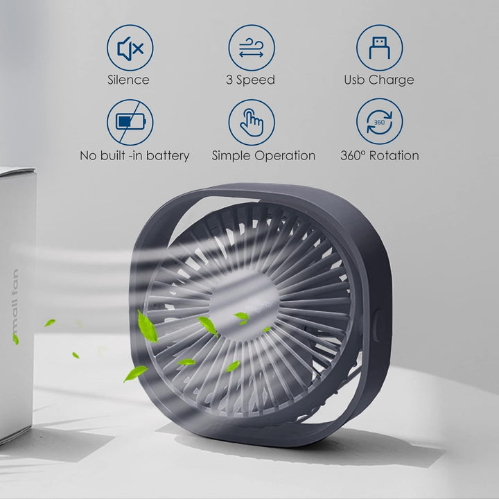 Simpeak USB Ventilator, Mini USB Tischventilator, Klein Ventilator Leise, 3 Speed 360 Grad Drehung,