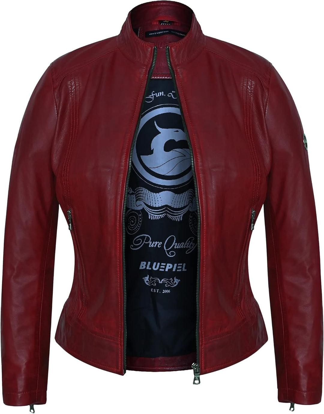 Bluepiel Damen Lederjacke KLARA Bikerjacke mit Stehkragen - Modernen Echtleder Jacke aus Lammnappa L