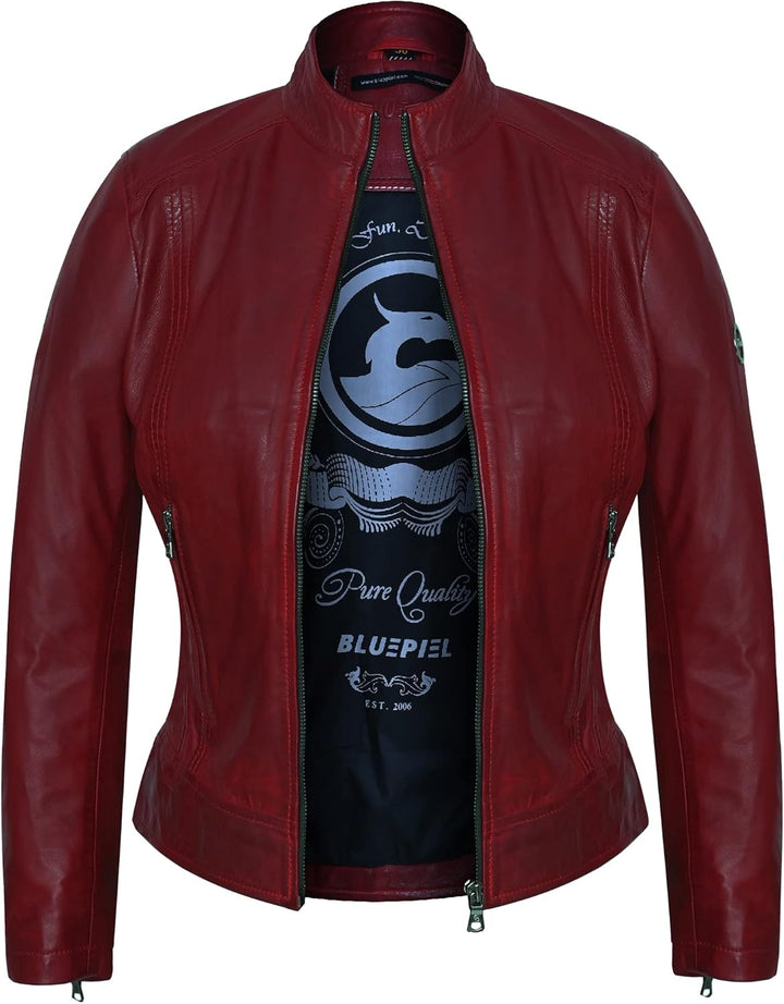 Bluepiel Damen Lederjacke KLARA Bikerjacke mit Stehkragen - Modernen Echtleder Jacke aus Lammnappa L