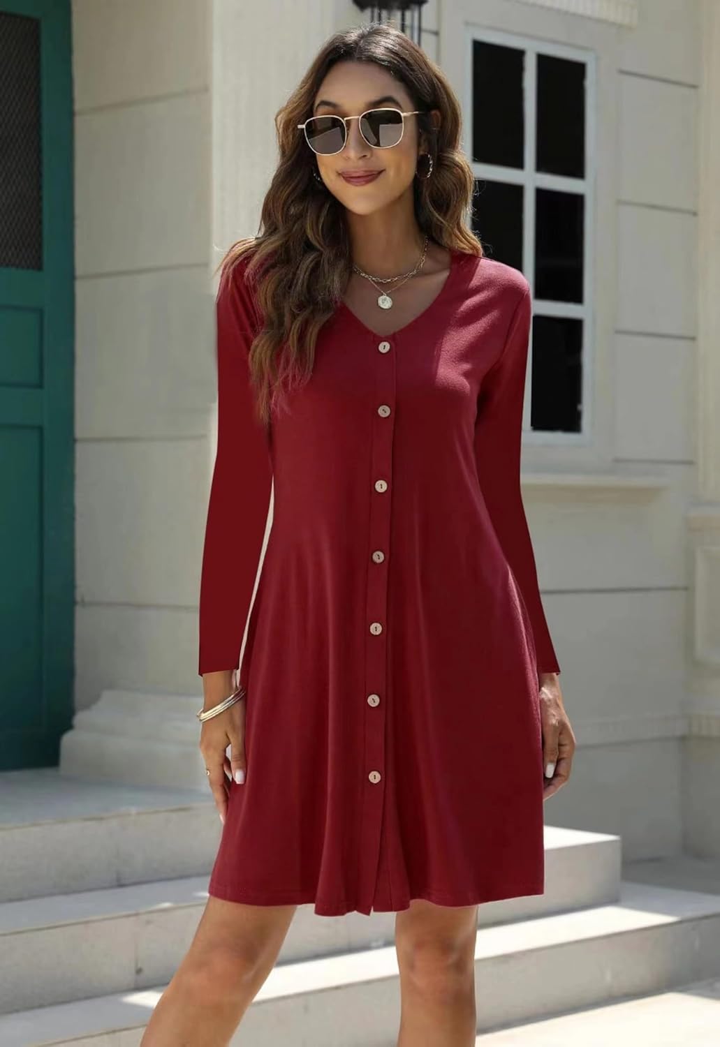 RosyWing Kleid Damen Langarm V-Ausschnitt Einfarbig Knielang Freizeitkleid Knopfleiste A-Linien Midi