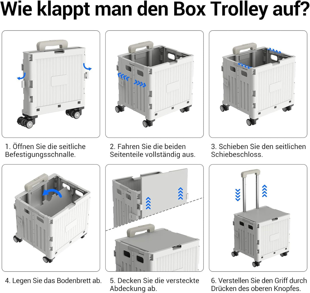 Einkaufstrolley klappbar, Einkaufswagen bis 30 kg, Transportbox mit 4 Rollen, Shopping Trolley Verst
