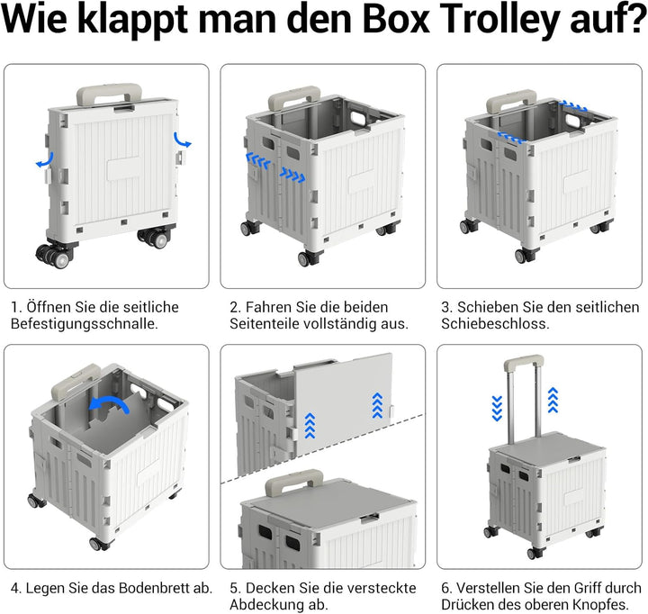 Einkaufstrolley klappbar, Einkaufswagen bis 30 kg, Transportbox mit 4 Rollen, Shopping Trolley Verst