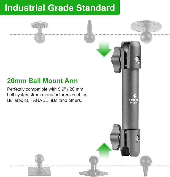 FANAUE - 15 cm Doppelhülsenarm, Halterung kompatibel mit 2 cm Arm, Aluminiumkonstruktion, passt auf