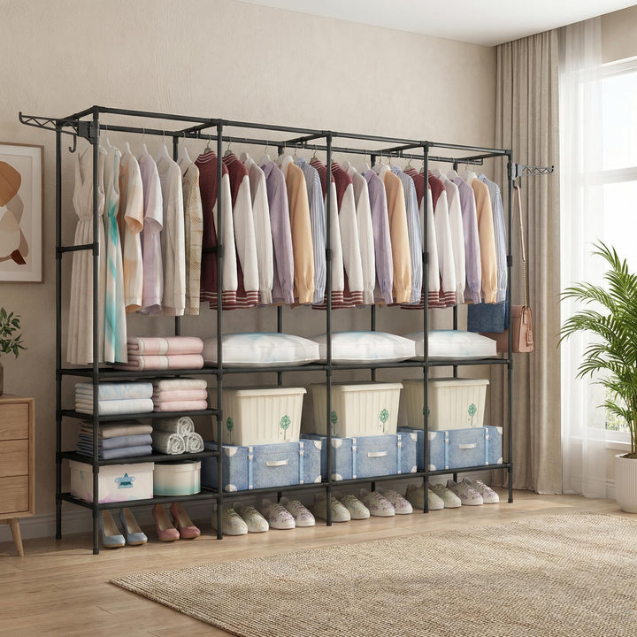 Kleiderständer 4 Ebenen, Offener Kleiderschrank mit Kleiderstange und Ablagen, Freistehender Kleider