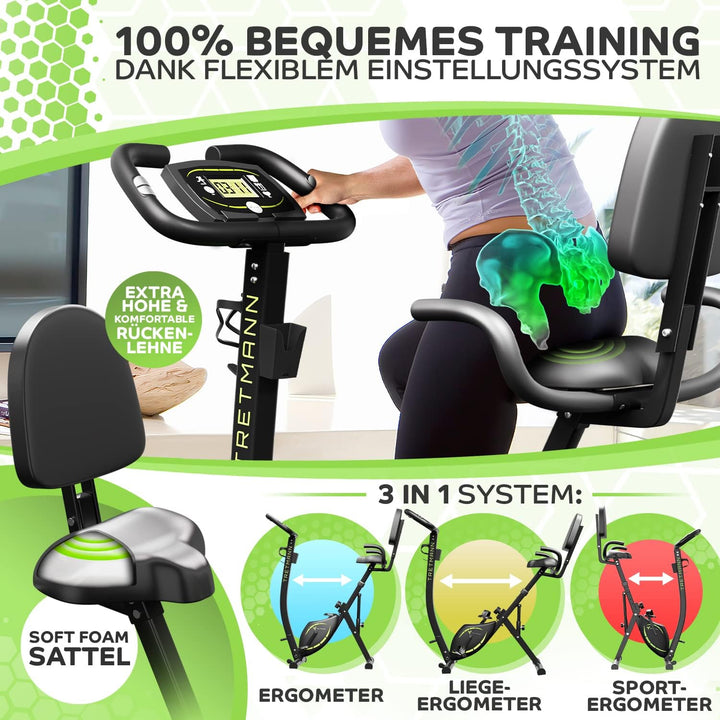 Tretmann NEU 3in1 Heimtrainer Fahrrad klappbar -extra leise & komfortabel - [SoftFoam] DEKRA geprüft