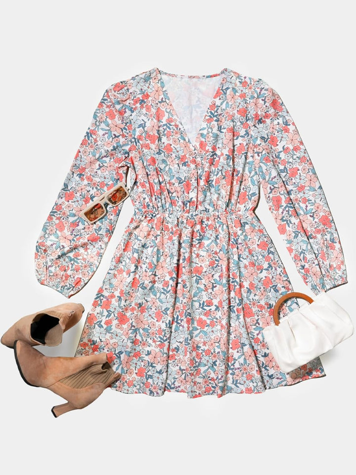 CUPSHE Damen Kleid V Ausschnitt Langarm Wickeloptik Blümchenkleid Freizeitkleider Wrap Mini Dress XL