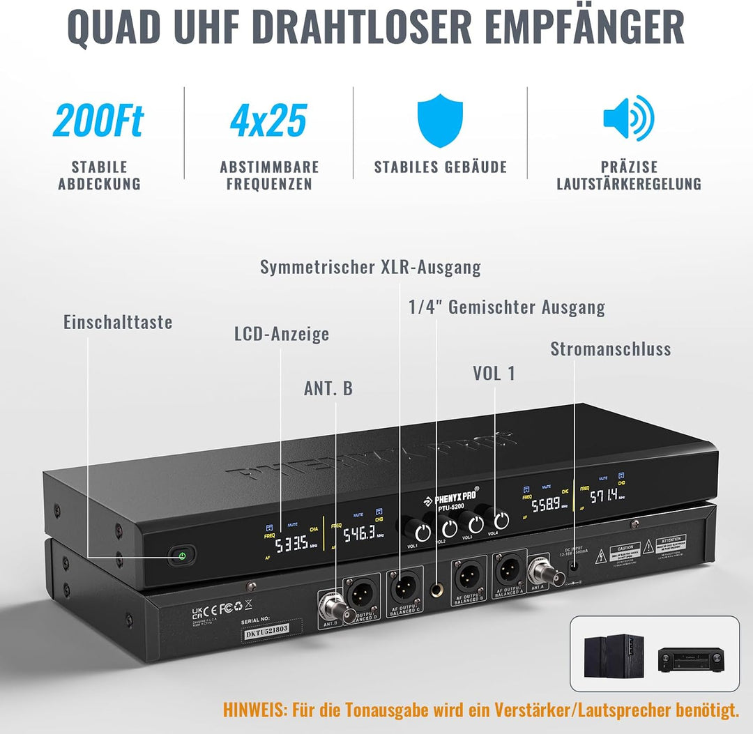 Phenyx Pro Wireless Mikrofon Set mit 4 Funkmikrofonen, 4x25 einstellbare UHF-Frequenzen, 200ft Reich