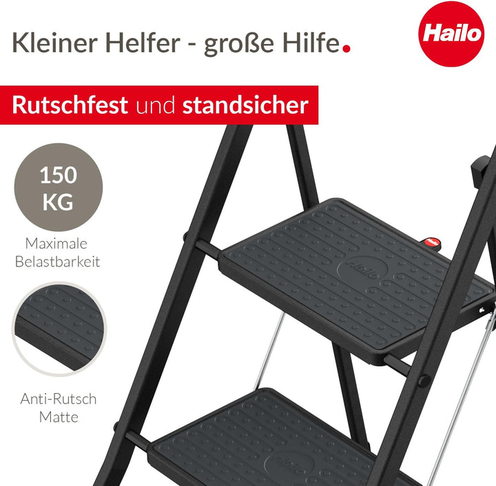 Hailo K77 ComfortLine Klapptritt - 2-stufige Trittleiter aus Stahl mit Sicherheitsbügel und Ablagesc