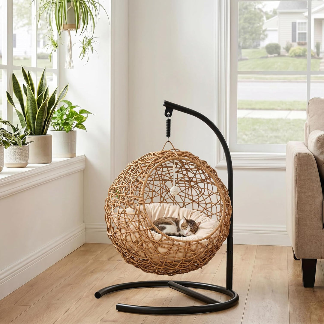 PawHut Katzenschaukel Rattan Hängesessel für Katzen mit Waschbarem Kissen und Spielball, hängendes K