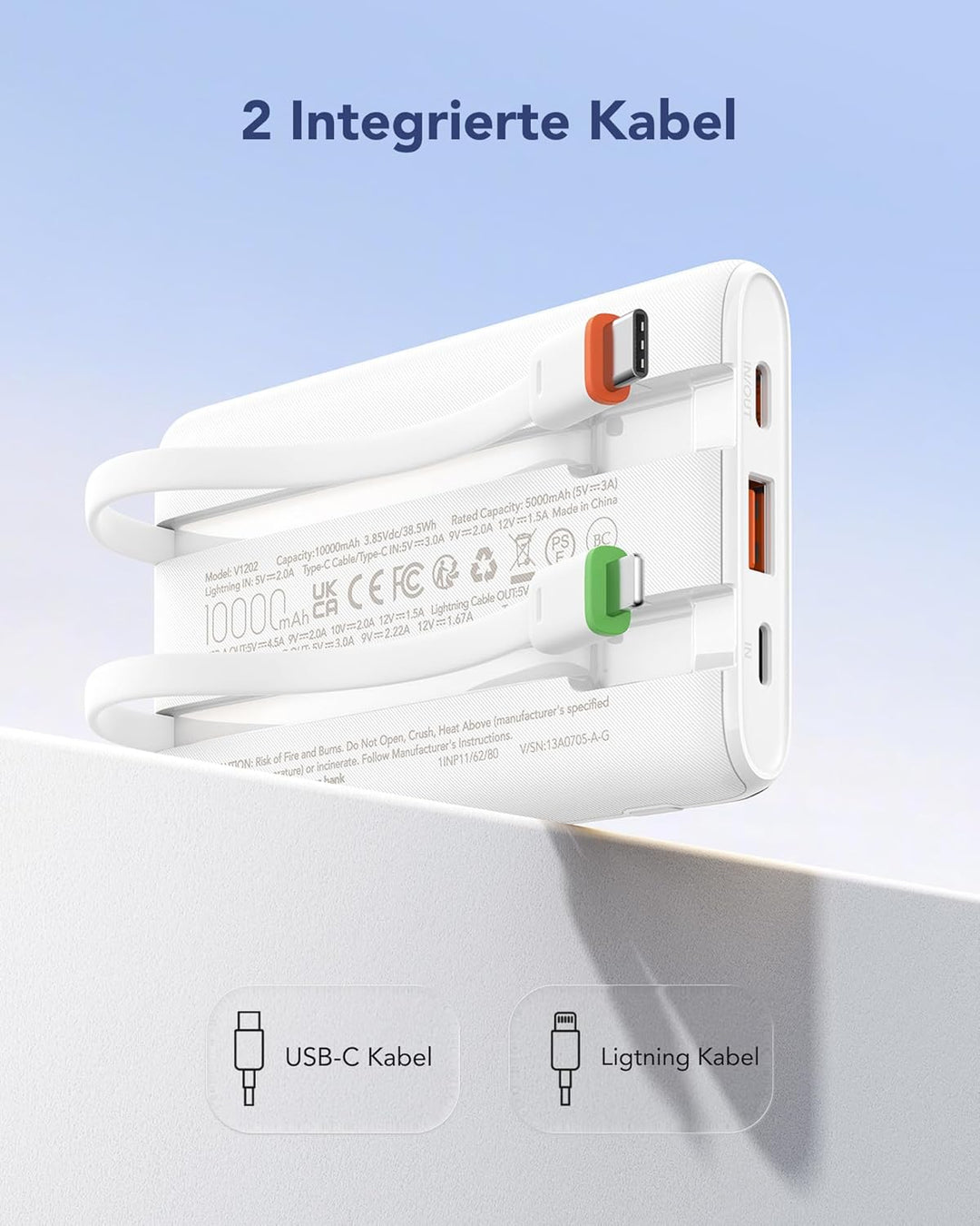 VEGER Power Bank 10000mAh Klein, 22.5W Schnellladung PowerBank mit Integriertem USB-C Kabel, Externe