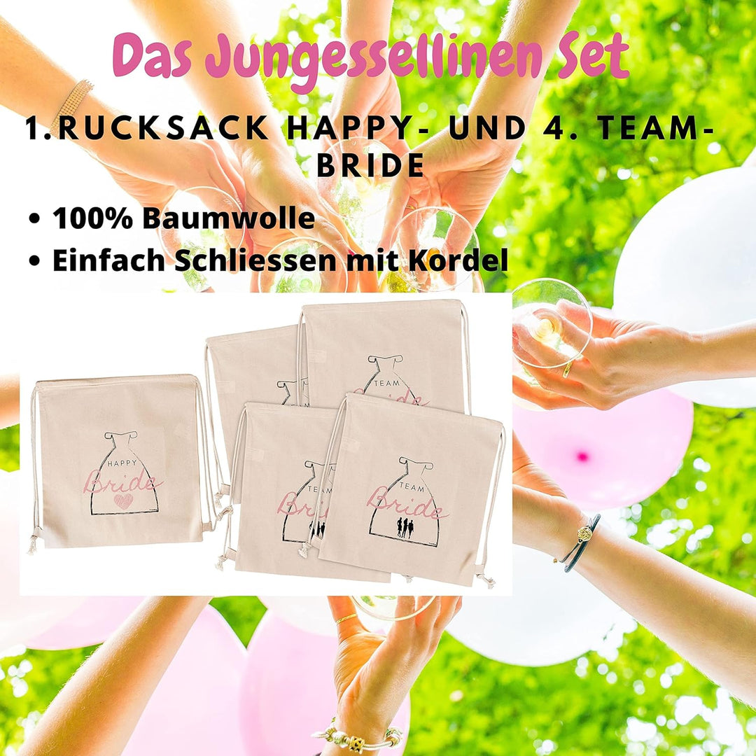 FremiBag Happy Bride & Team Bride Stoffbeutel Set - Turnbeutel für den JGA Junggesellinnenabschied a