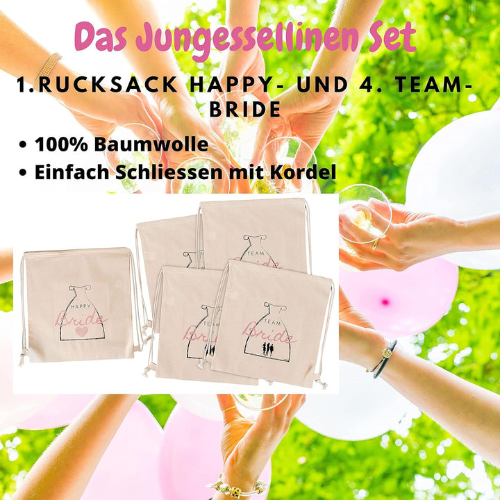 FremiBag Happy Bride & Team Bride Stoffbeutel Set - Turnbeutel für den JGA Junggesellinnenabschied a