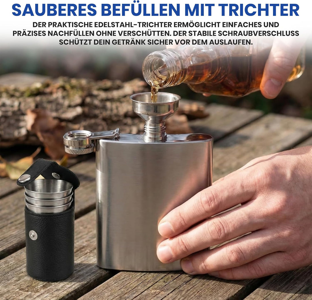 Oramics Flachmann Set 7-tlg. inkl. TRICHTER & BECHER – Edelstahl Taschenflasche gebürstet – Edles Mä