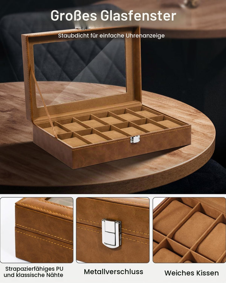 Uten Uhrenbox mit 12 Fächern, Uhrenbox mit Glasabdeckung, Uhrendisplay Aufbewahrungsbox für Damen un