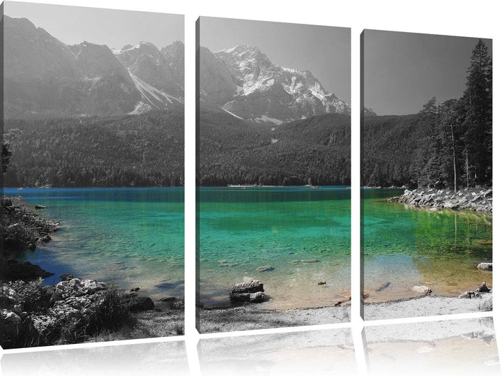 Eibsee vor der Zugspitze schwarz/weiss 3-Teiler Leinwandbild 120x80 Bild auf Leinwand, XXL riesige B