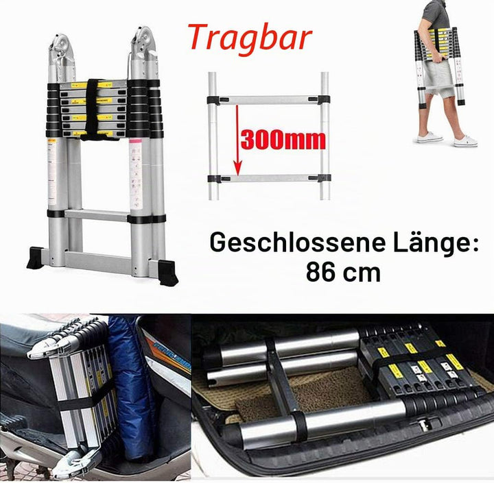 5M Teleskopleiter Alu Leiter Ausziehbare Klappleiter 2.5M + 2.5M Teleskop Leiter mit Stabilisator, H