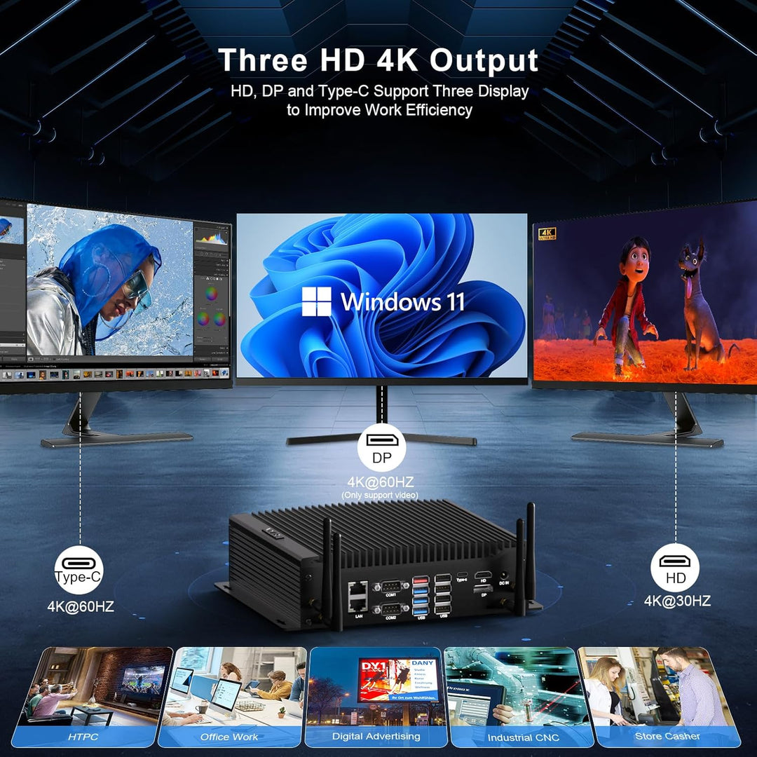 HISTTON Lüfterlos Mini PC Core i5-10210U, 16GB RAM 512GB M.2 SSD, Industrie PC mit 6 RS232 COM, HD+D
