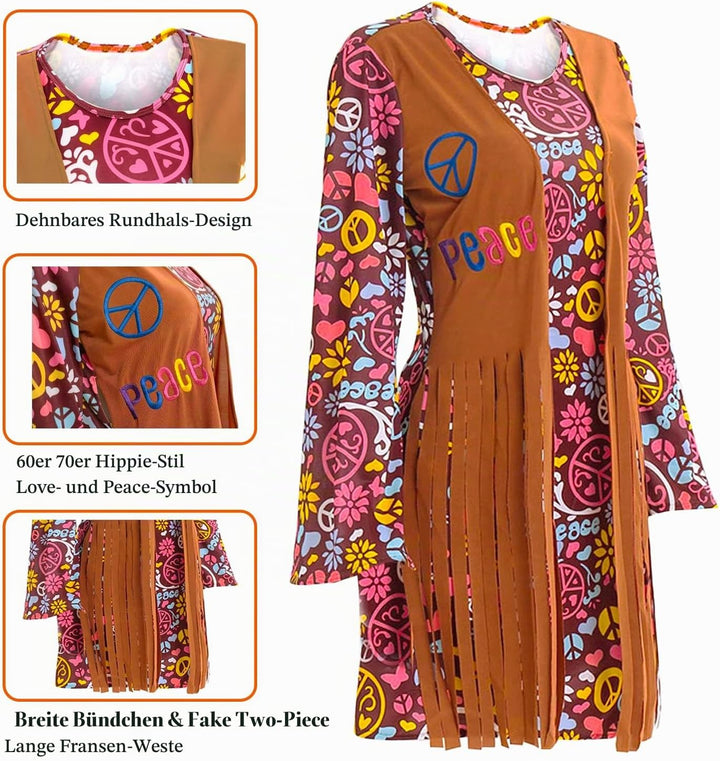 YADODO Hippie Kostüm Damen Kleid Set 70er Jahre Bekleidung Damen 70er Jahre Kostüm Damen FaschingsKo