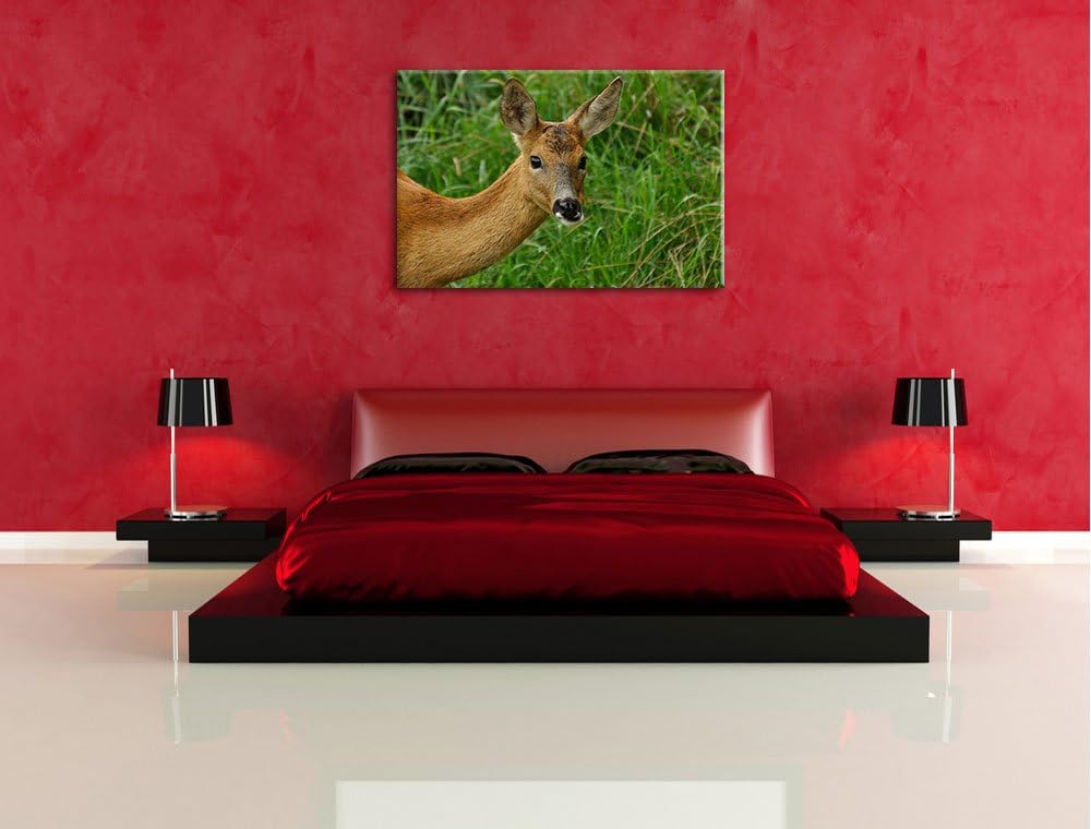 Reh beim Fressen, Format: 100x70 auf Leinwand, XXL riesige Bilder fertig gerahmt mit Keilrahmen, Kun