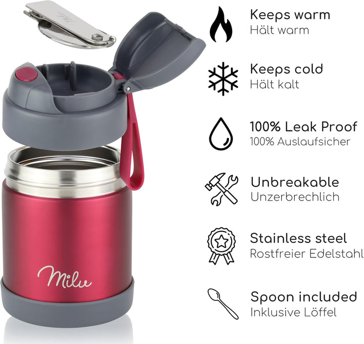 Milu® Thermobehälter für Essen 300ml, Edelstahl Warmhaltebehälter mit Löffel, Thermobecher 100% Ausl